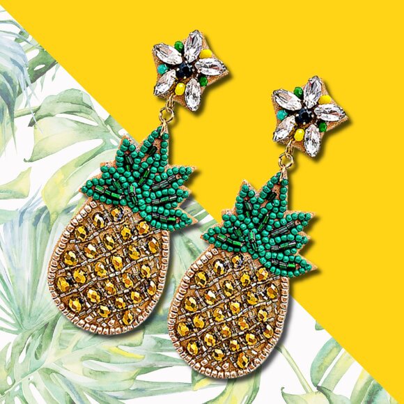 Rhinestone Crystal Seed Bead Sequin Resort Tropical Fruit Statement Earrings NEW - Picture 2 of 3